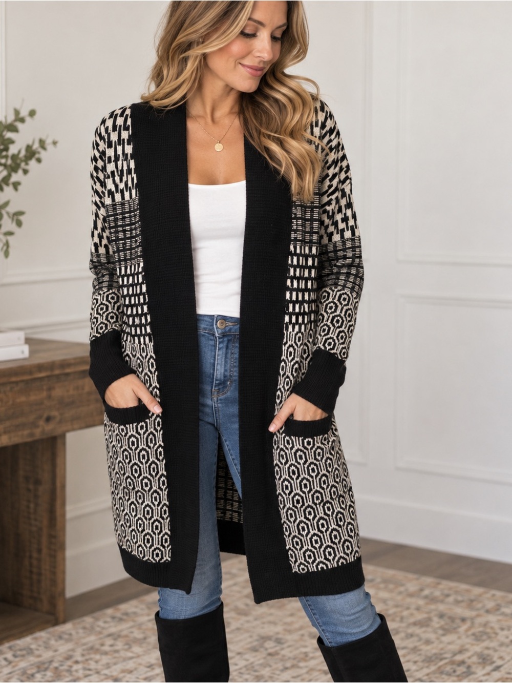 Ruby Moon Black Cream Geometric Long Cardigan Sweater L